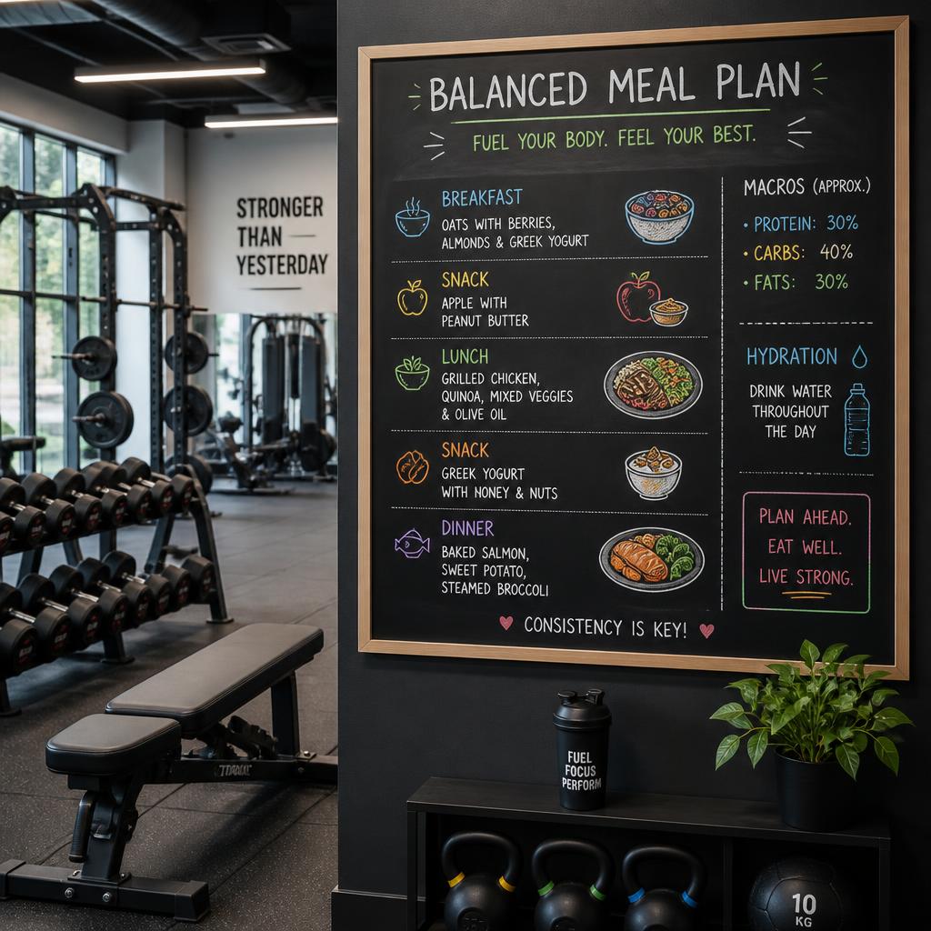 A gym interior with modern fitness equipment and a chalkboard displaying a balanced meal plan, no woman in the image, generated via Nano Banana2
